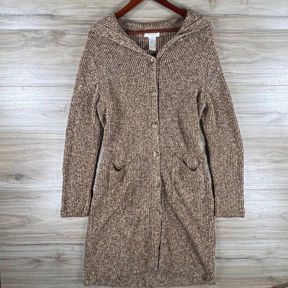 Jones New York Sport Brown Marled Hooded Longline Cardigan Sweater LRG Linen Bld